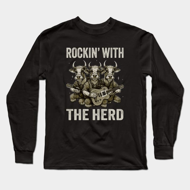 Rockin With The Herd Guitar Cow Band Fun Long Sleeve T-Shirt by Foxxy Merch